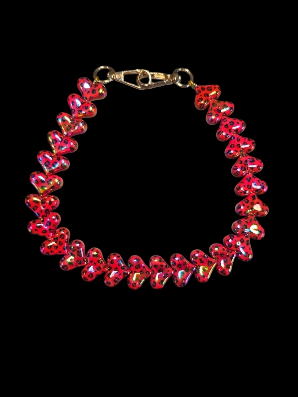 Red Iridescent Leopard Heart Bead Bag Chain